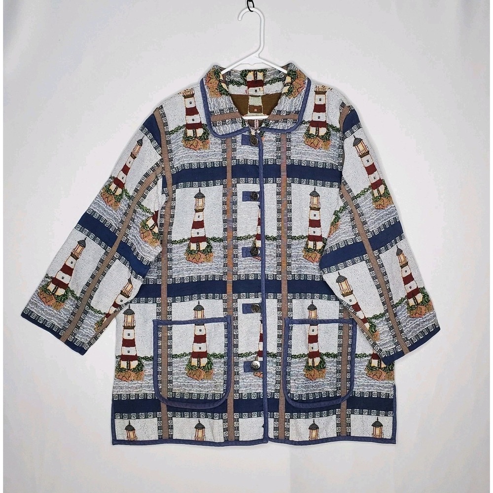Blair Vtg Tapestry Jacket XXL Lighthouse Nautical Coastal Pocket Anchor Button